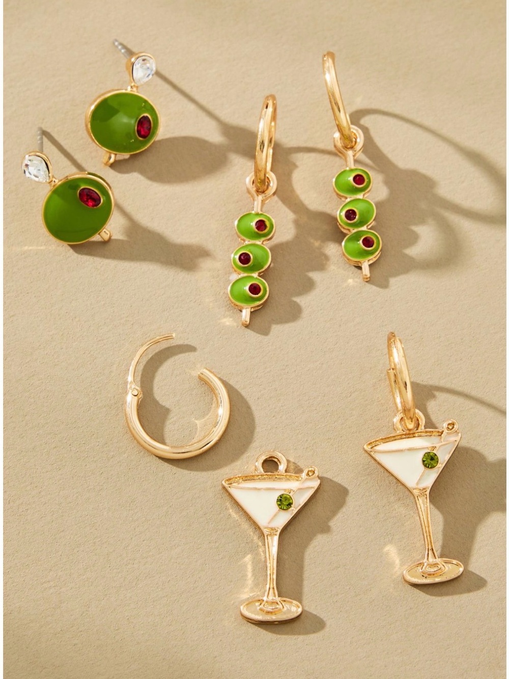 Gold-Tone Green Enamel Martini & Olive Charm Earring Set